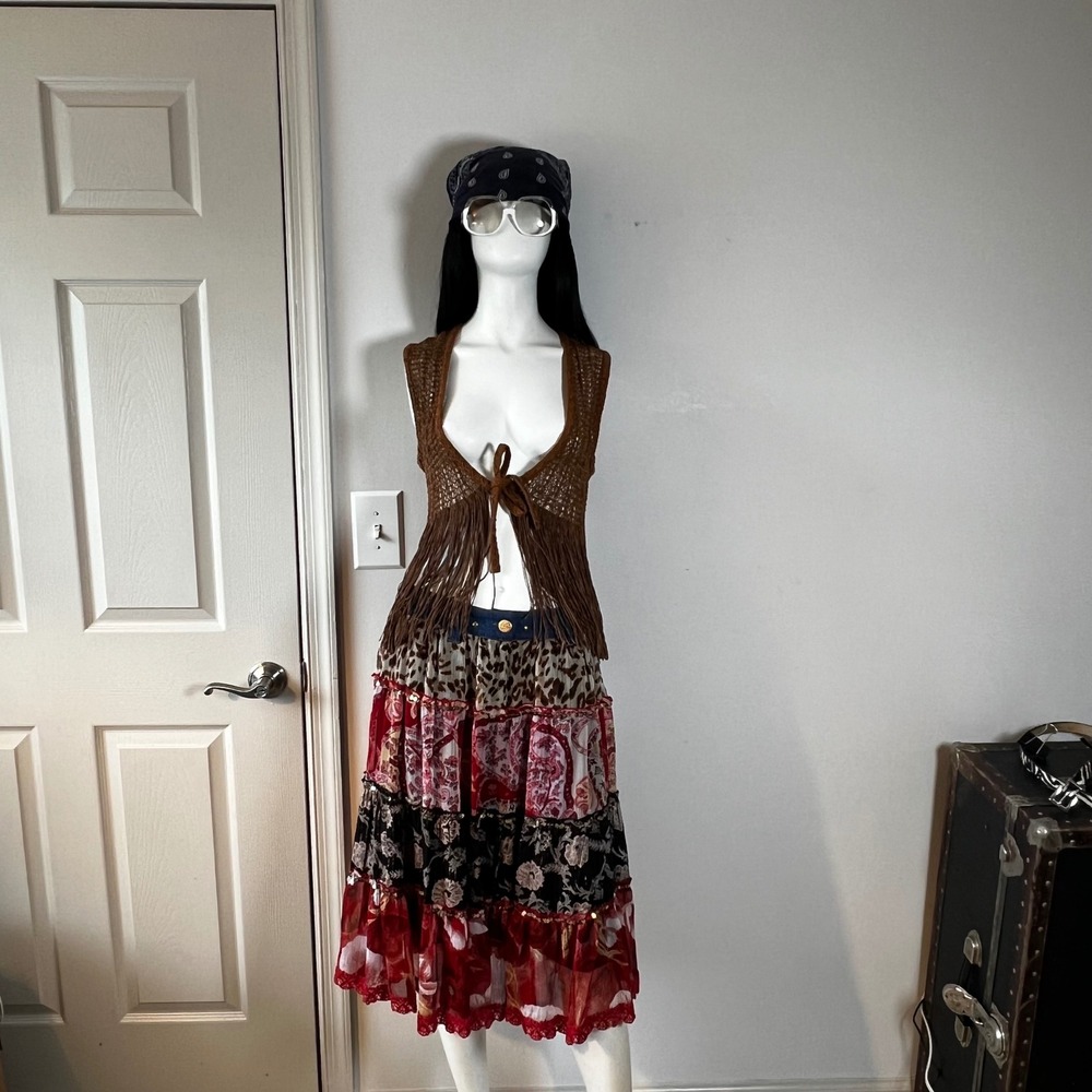 Y2K Denim Waist Patchwork Tiered Midi Skirt Leopard Floral Sequin Boho 3/4